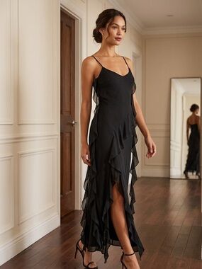 Elegant Lingerie Gown Black Ruffle with Spaghetti Straps NWOT Size S